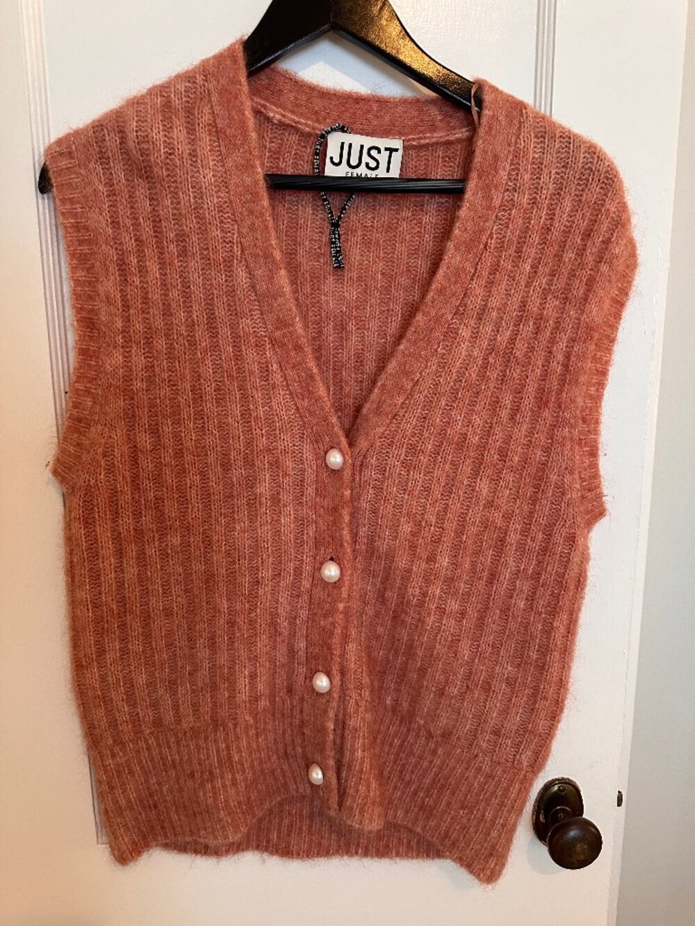 Just Female Wool Blend Pink Sweater Vest with Pearl Buttons, S